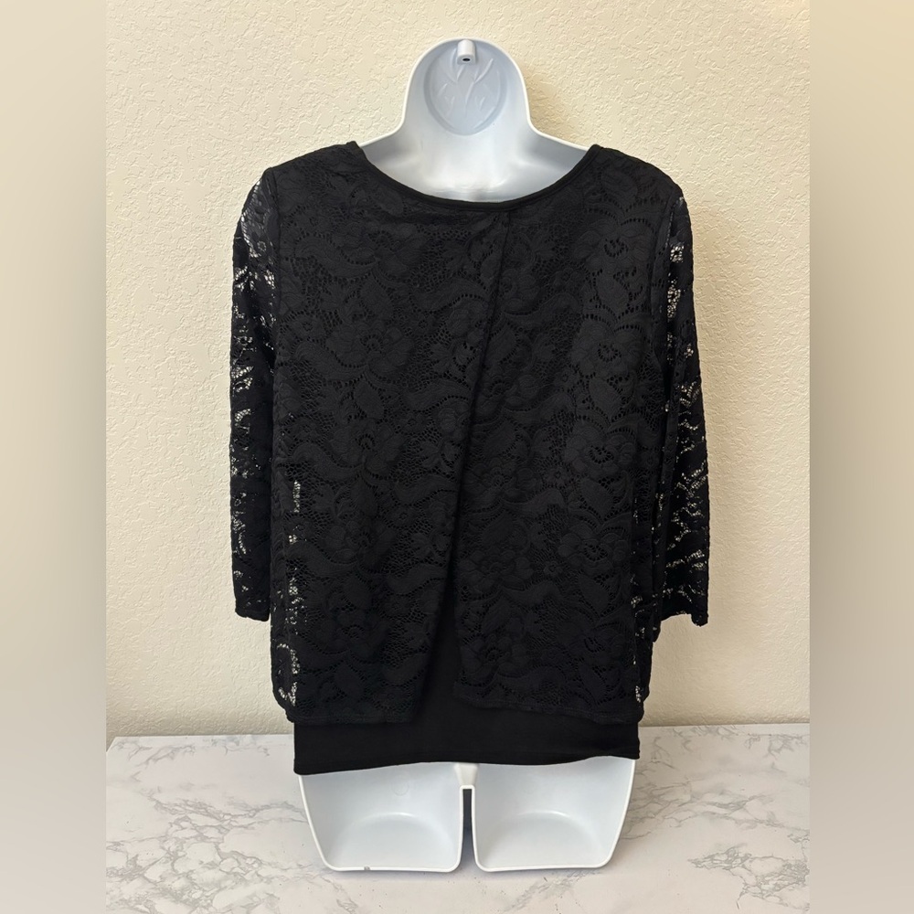 Green Envelope Long Sleeve Top Women’s M Black Crochet Semi Sheer Blouse - Picture 3 of 5